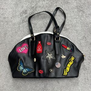 Amy & Joey Embellished Patches Graphic Leather Tote Hand Bag Womens Black White